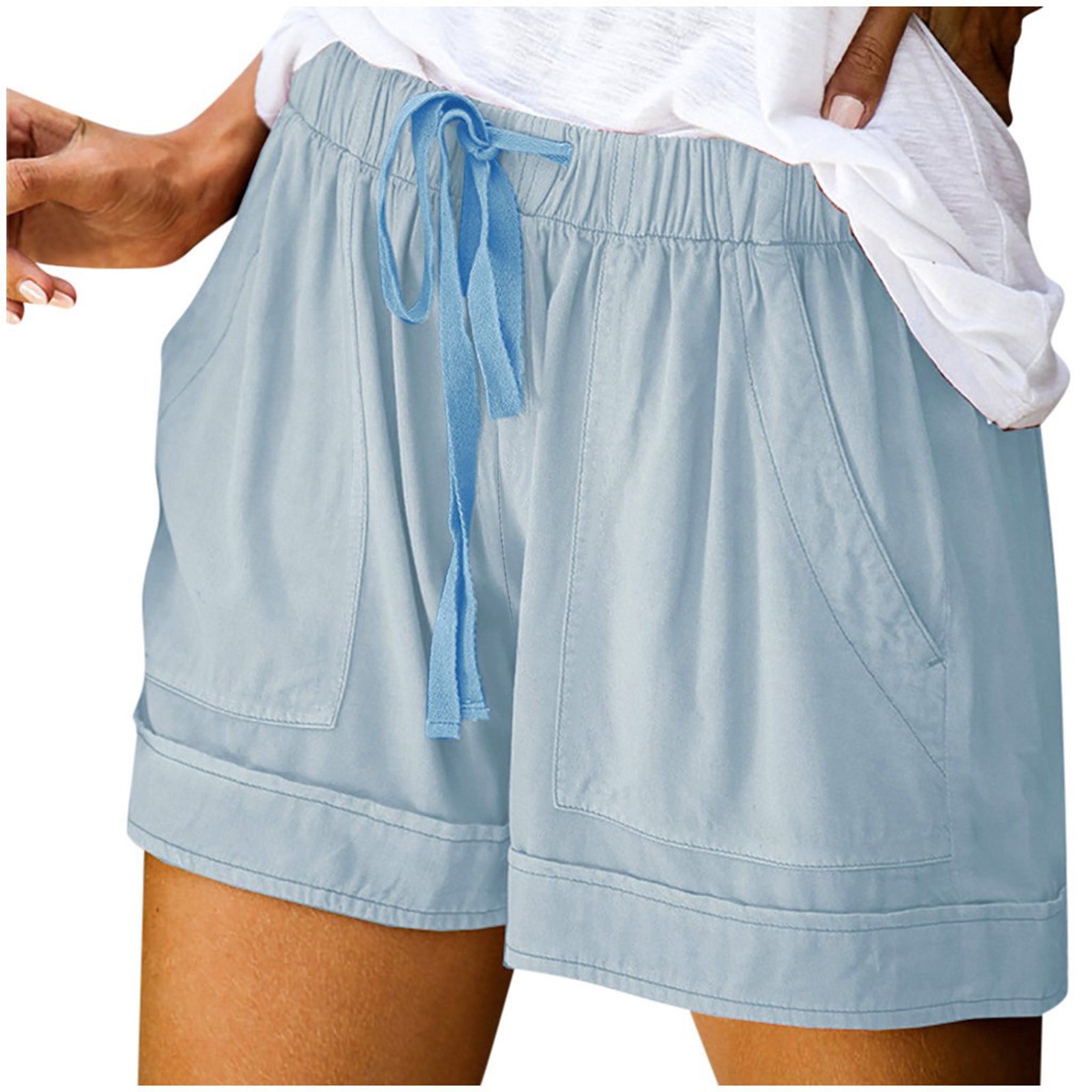 thumbnail image 1 of Pantalones cortos cómodos con cordón y cintura elástica para mujer - Pantalones holgados de color liso con bolsillos - Ropa informal de verano de poliéster, 1 of 8